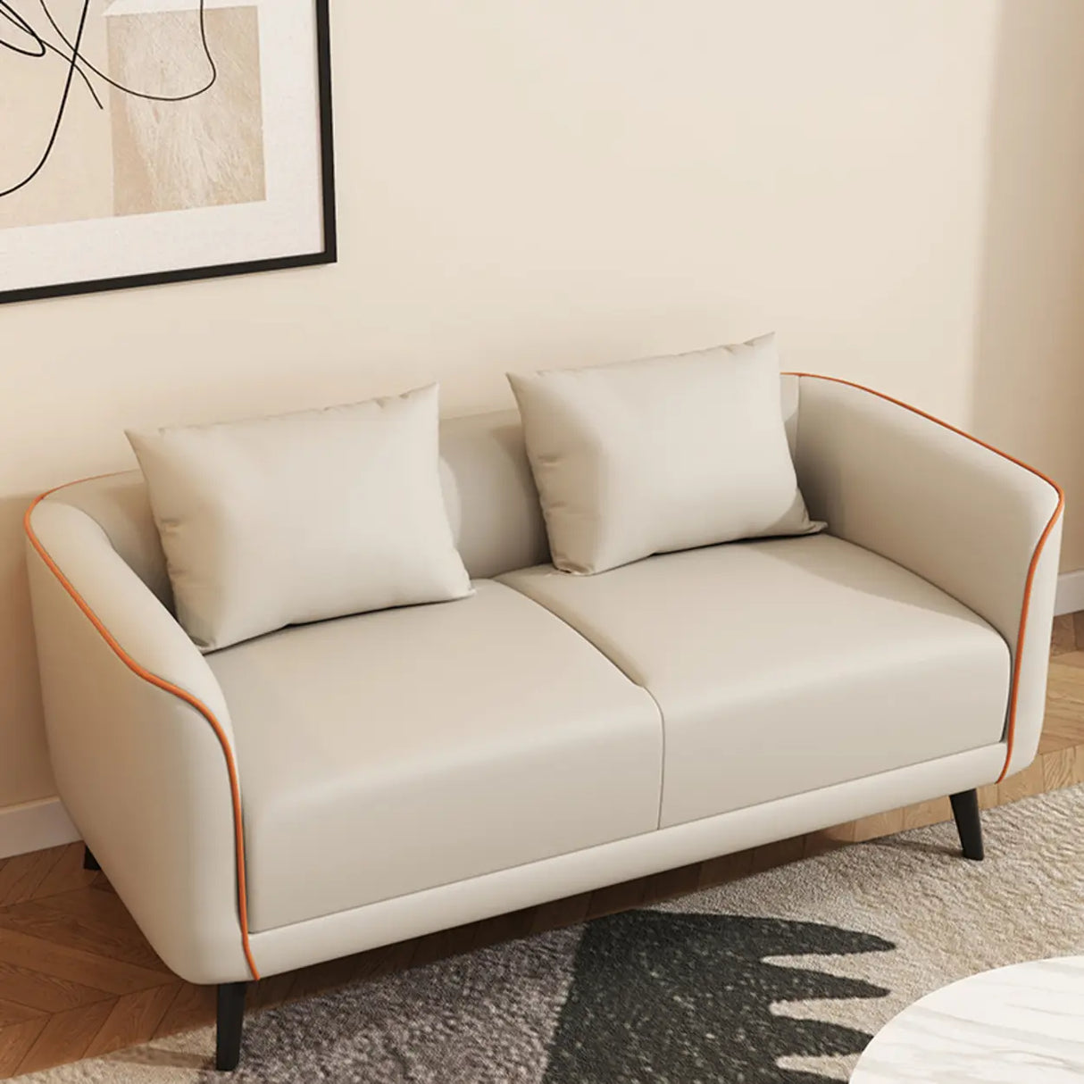 Orange Leather Tuxedo Arm Tight Back Black Leg Loveseat Image - 12