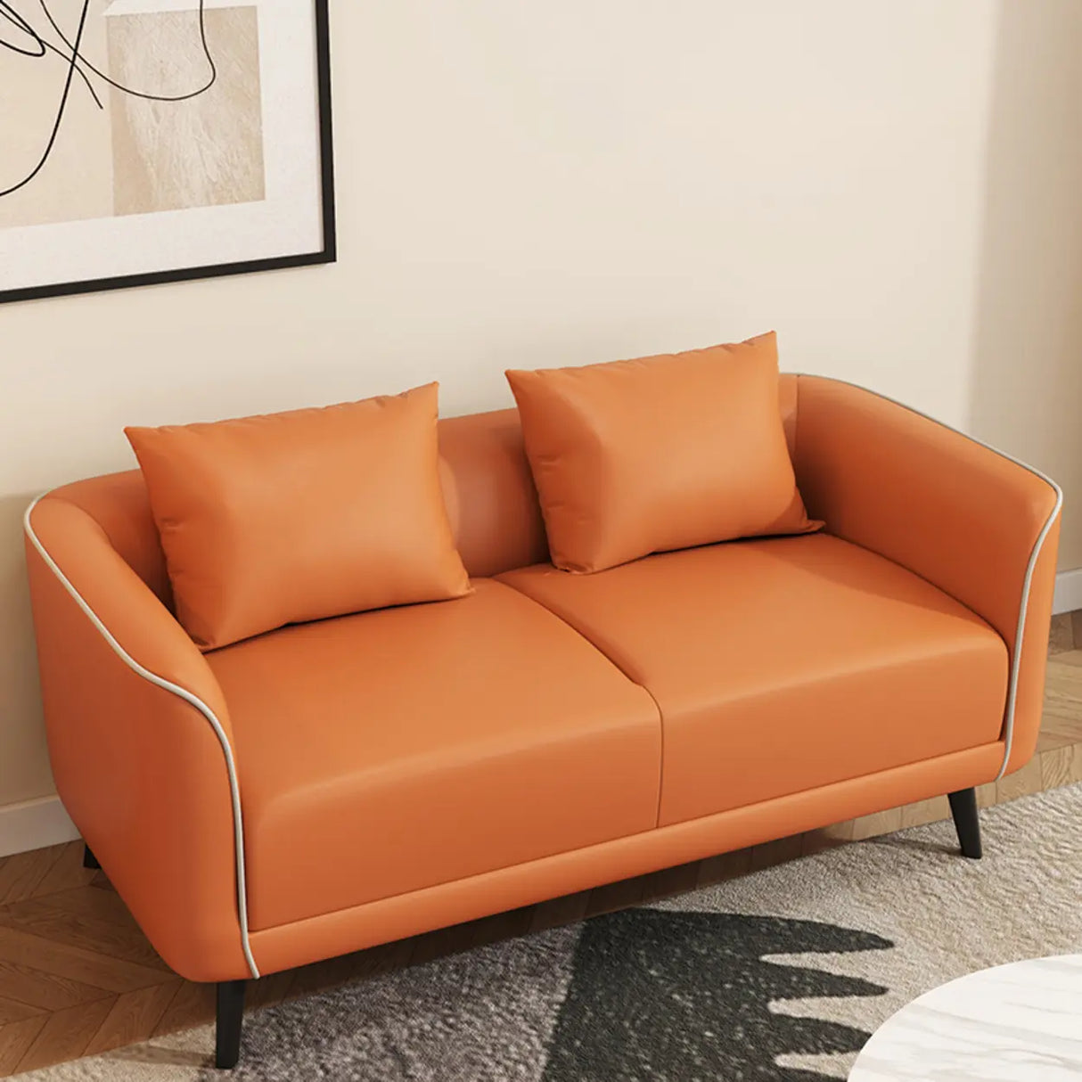 Orange Leather Tuxedo Arm Tight Back Black Leg Loveseat Image - 15