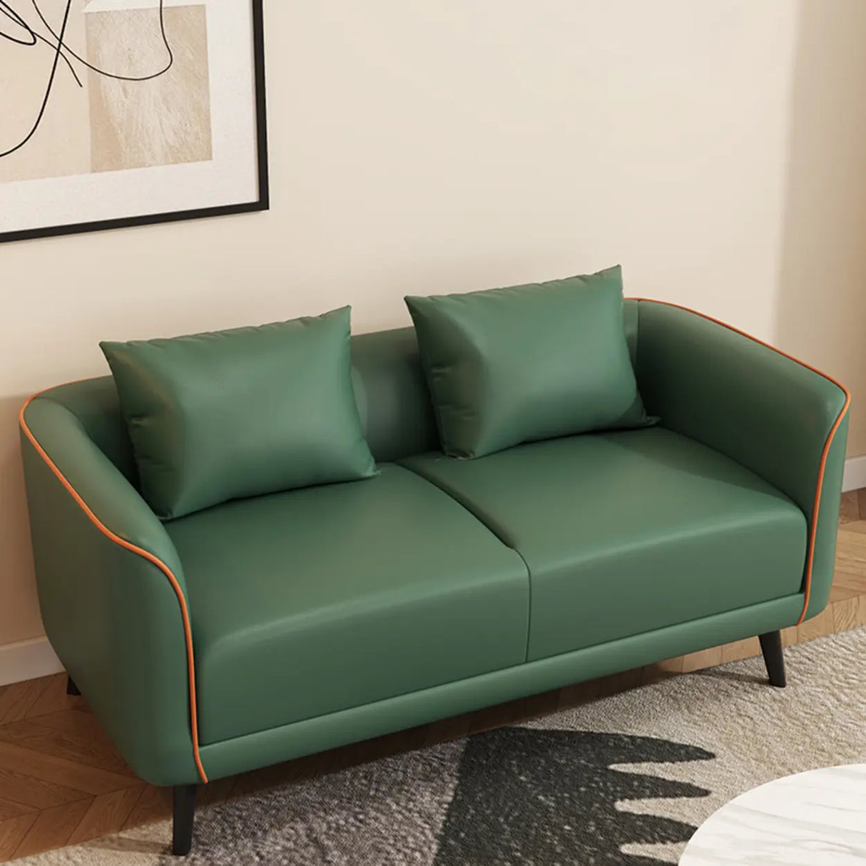 Orange Leather Tuxedo Arm Tight Back Black Leg Loveseat Image - 18