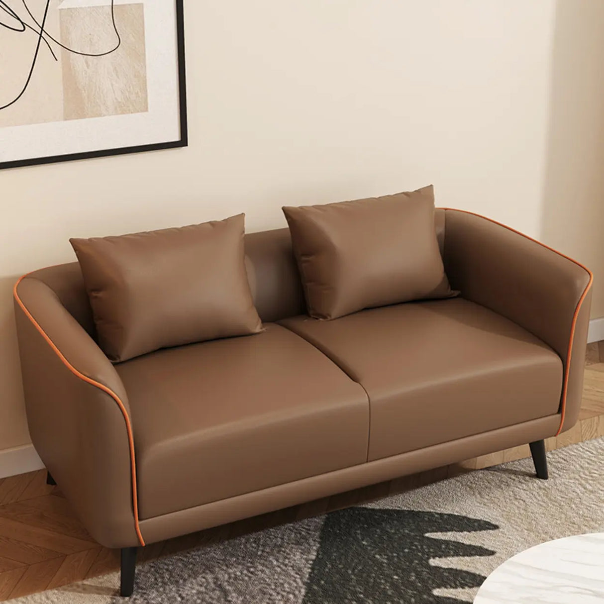 Orange Leather Tuxedo Arm Tight Back Black Leg Loveseat Image - 20