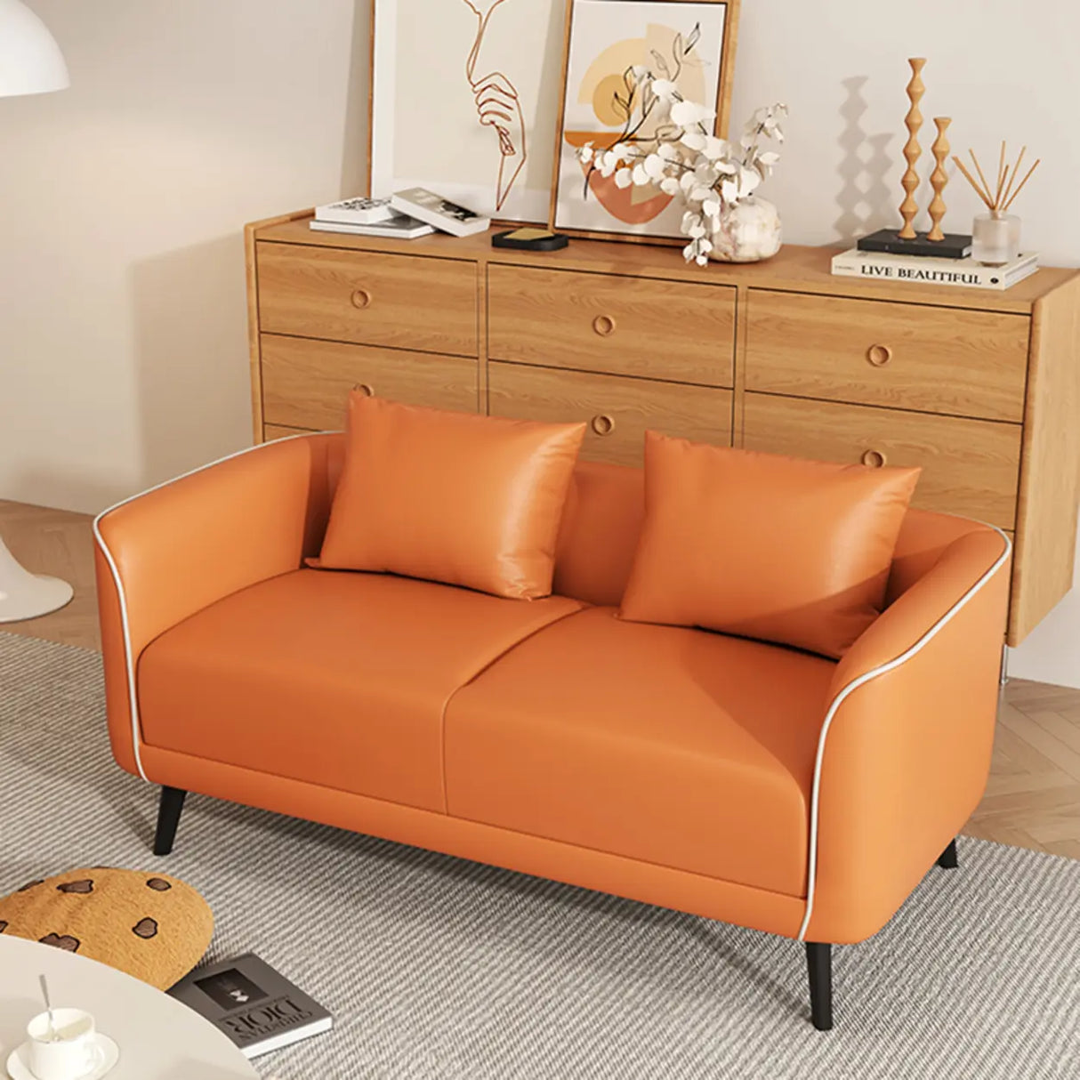 Orange Leather Tuxedo Arm Tight Back Black Leg Loveseat Image - 4