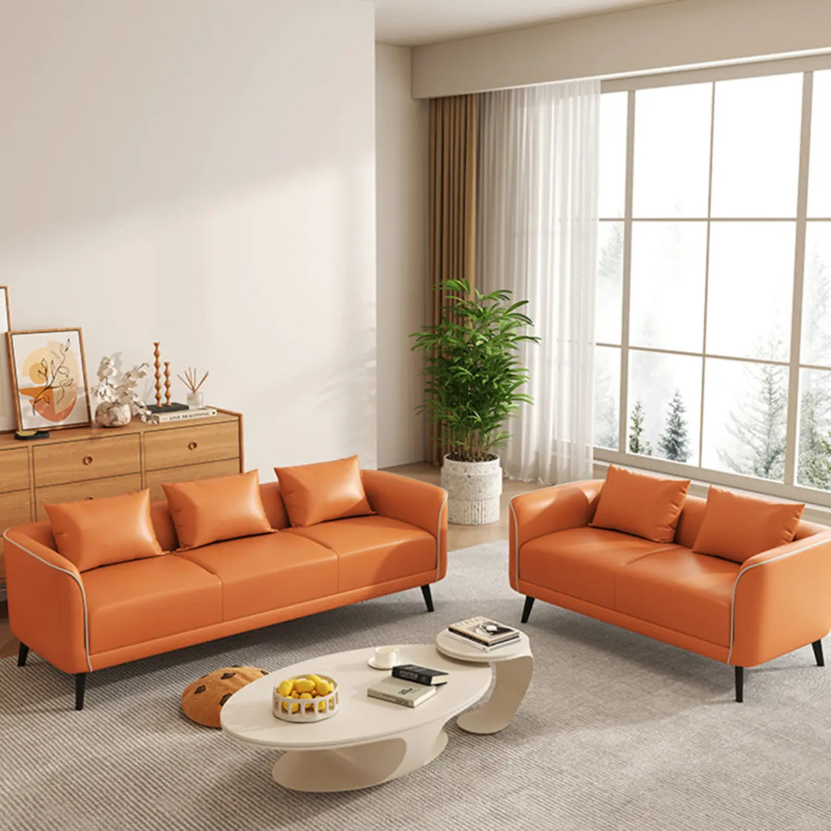 Orange Leather Tuxedo Arm Tight Back Black Leg Loveseat Image - 6