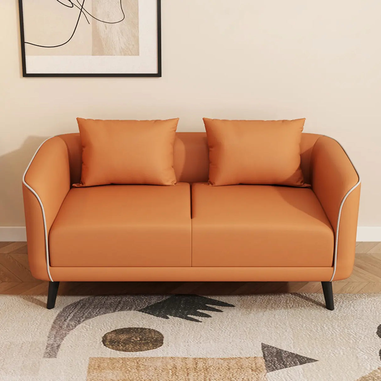 Orange Leather Tuxedo Arm Tight Back Black Leg Loveseat Image - 7