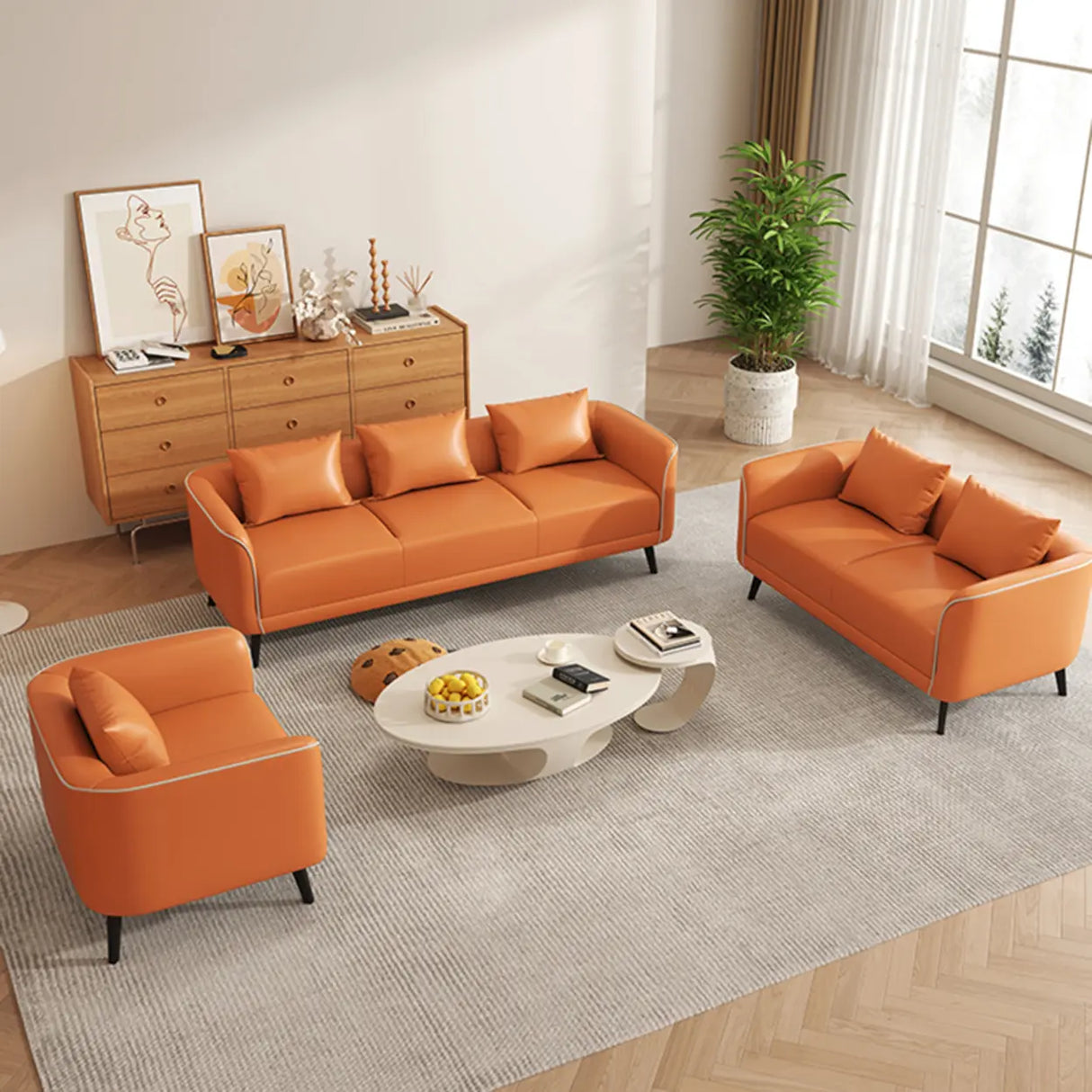 Orange Leather Tuxedo Arm Tight Back Black Leg Loveseat Image - 8