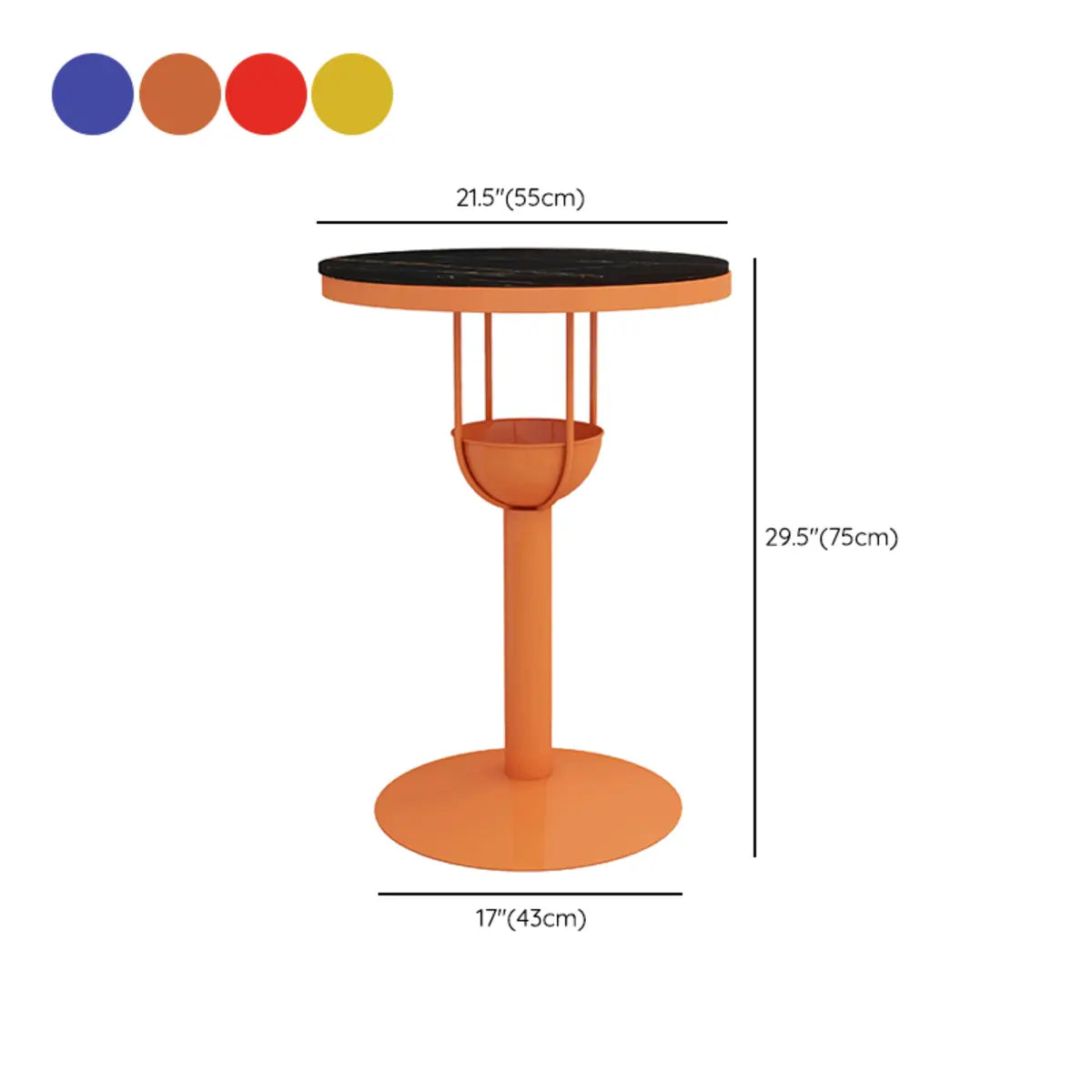 Orange Orbicular Round Metal Medium Bar Table with Shelf 