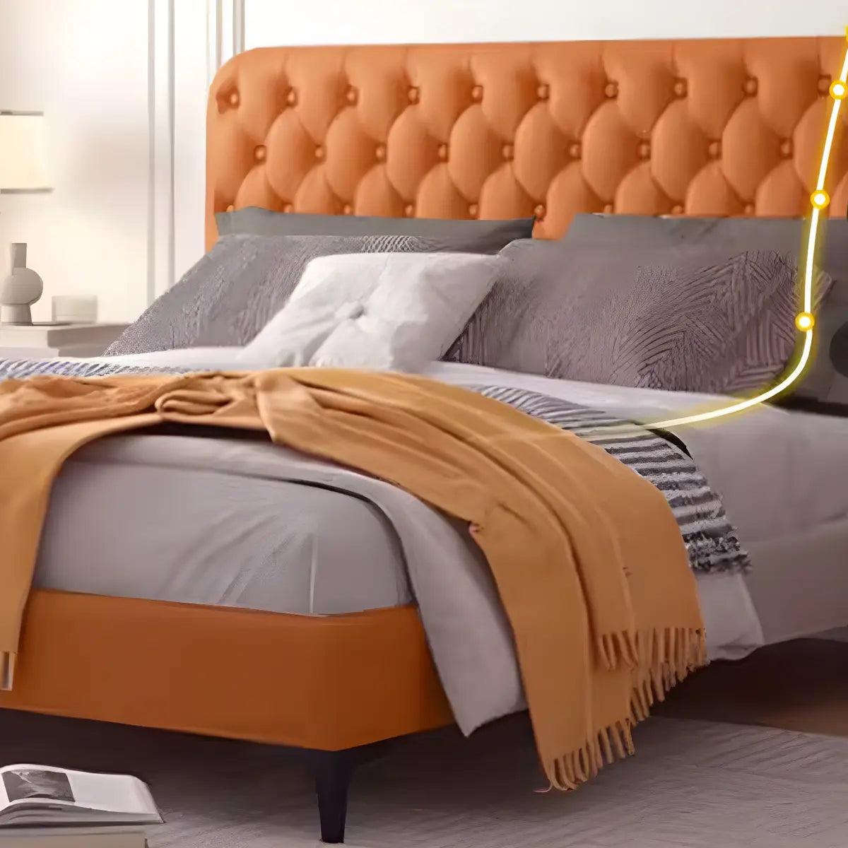 Orange Rectangular Tufted Upholstered Headboard Image - 12