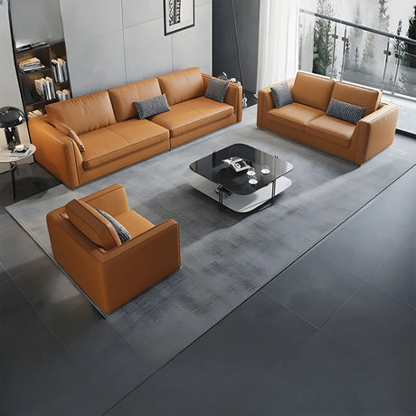 Orange Stain Resistant Leather Office Sofa with Pillow Image - 1