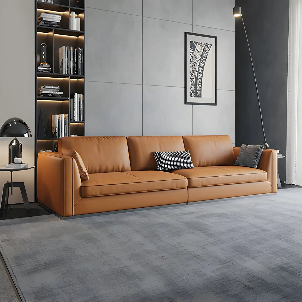 Orange Stain Resistant Leather Office Sofa with Pillow Image - 5