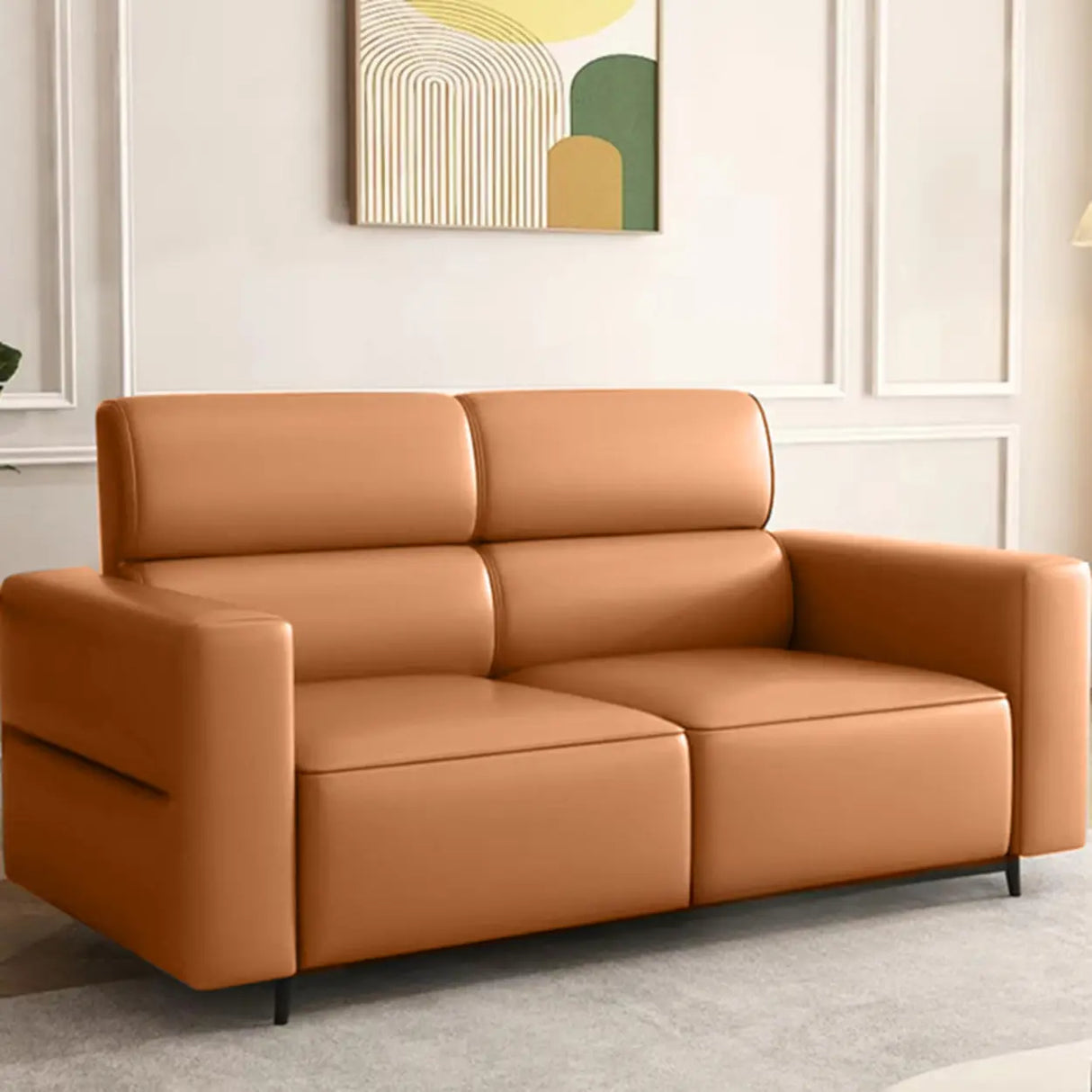 Orange Stain Resistant Leather Tuxedo Arm 3 Seats Sofa Image - 3
