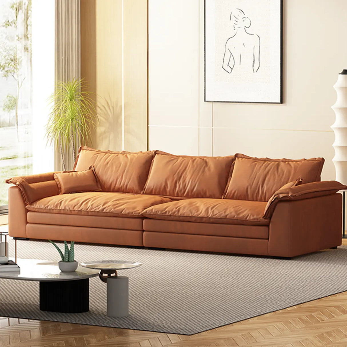 Orange Tech Cloth Pillow Top Arm Wood Frame Sofa Image - 4