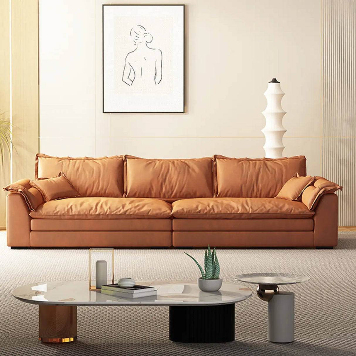 Orange Tech Cloth Pillow Top Arm Wood Frame Sofa Image - 6