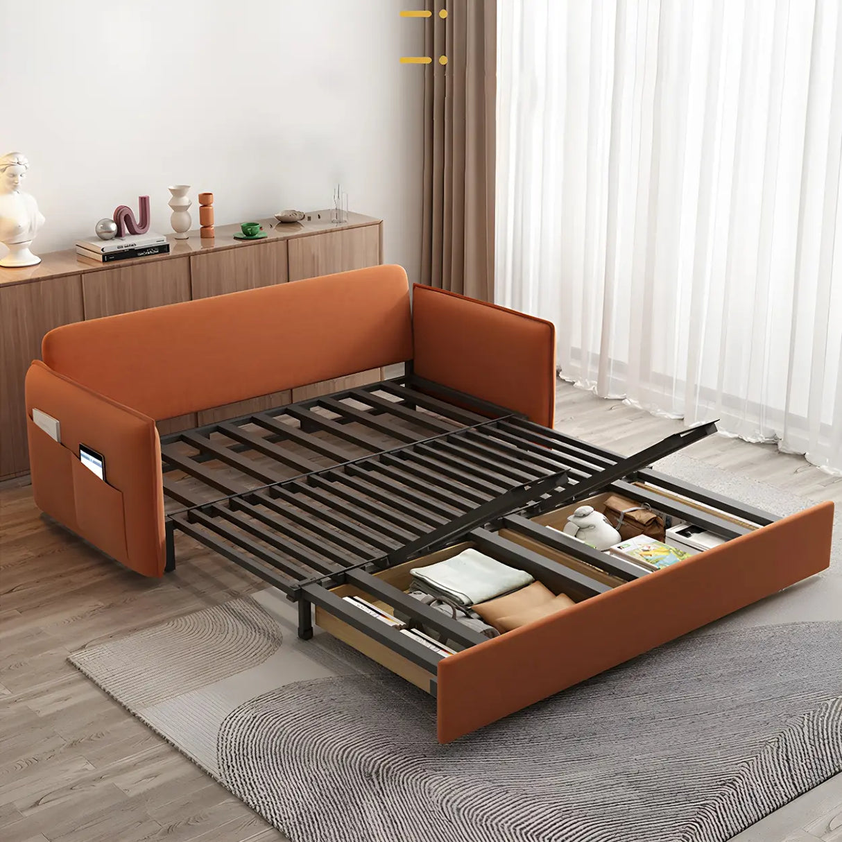 Orange Tech Flannel Square Arm Sofa Bed with Storage Image - 10