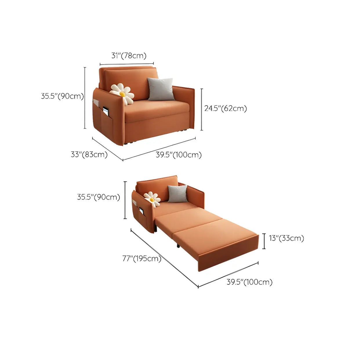 Orange Tech Flannel Square Arm Sofa Bed with Storage 