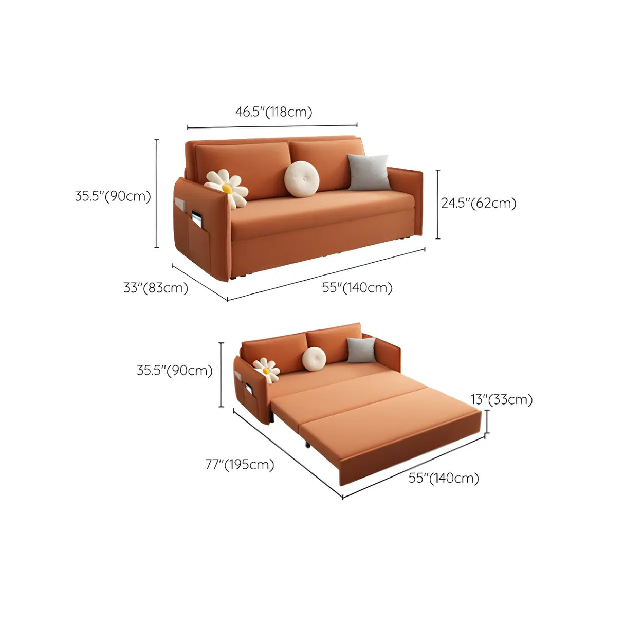 Orange Tech Flannel Square Arm Sofa Bed with Storage Image - 17