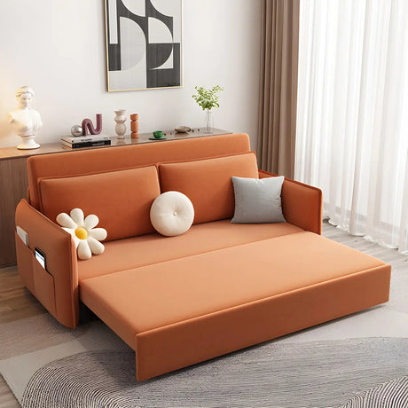 Orange Tech Flannel Square Arm Sofa Bed with Storage Image - 2