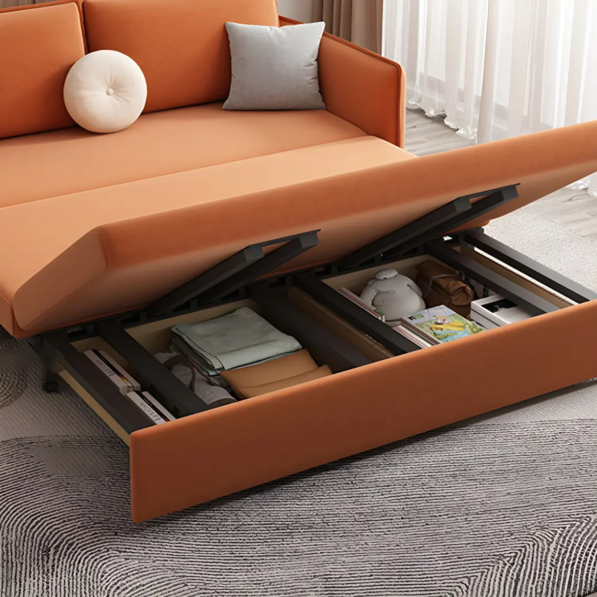 Orange Tech Flannel Square Arm Sofa Bed with Storage Image - 6