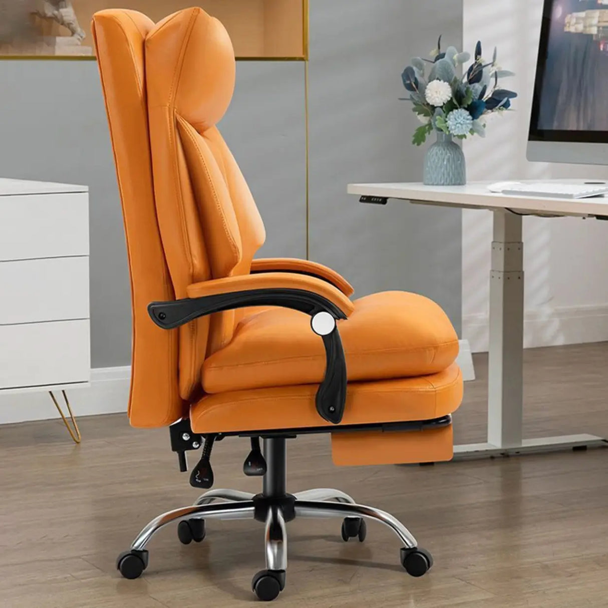 Orange Tilt Mechanism Ergonomic Faux Leather Office Chair Image - 7