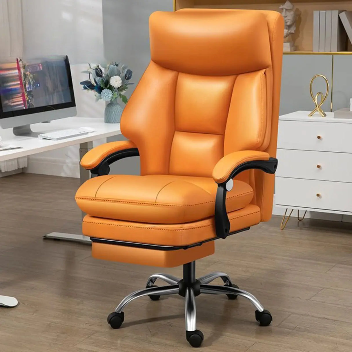 Orange Tilt Mechanism Ergonomic Faux Leather Office Chair Image - 8