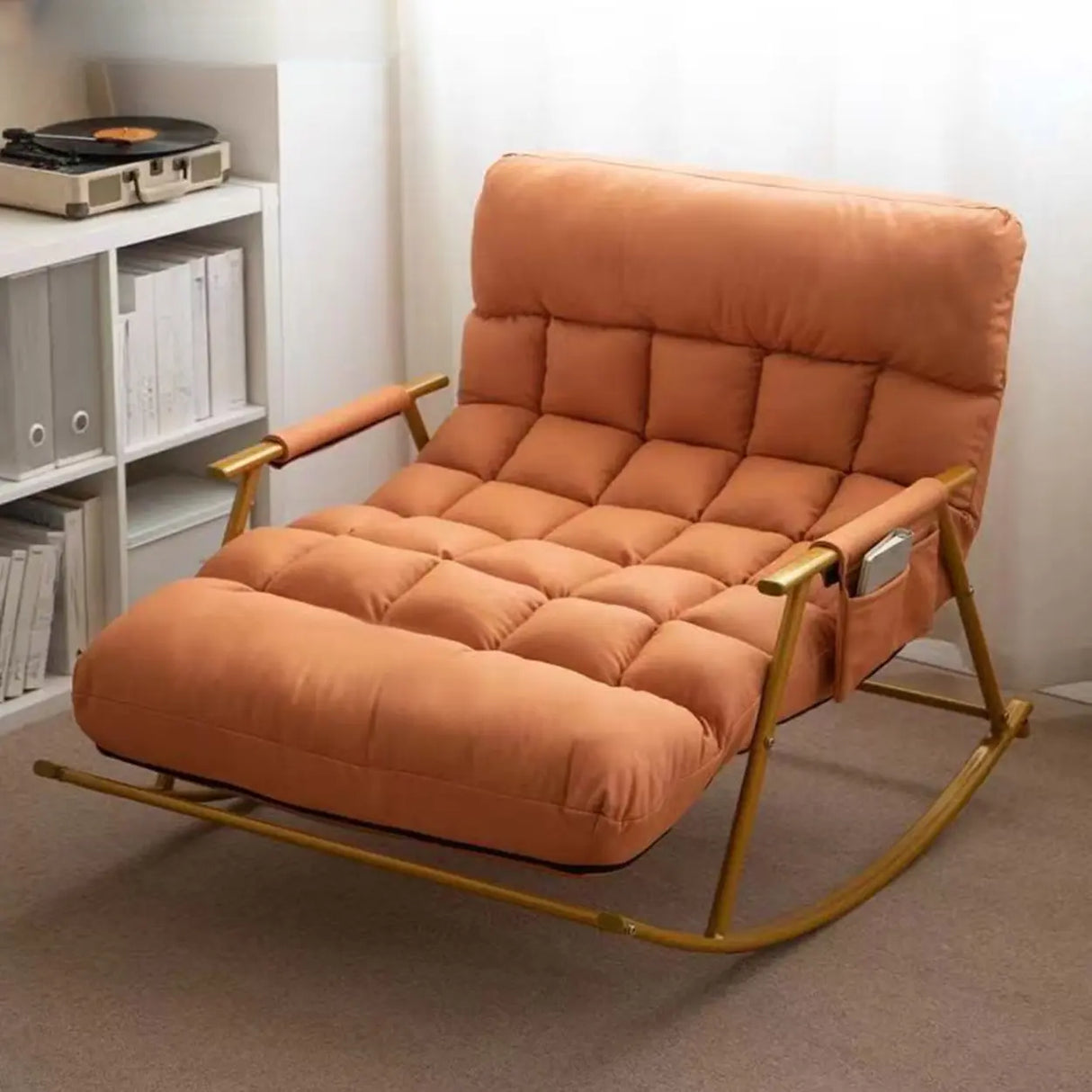 Orange Upholstered Metal Leg Rocking Chair with Pocket Image - 4