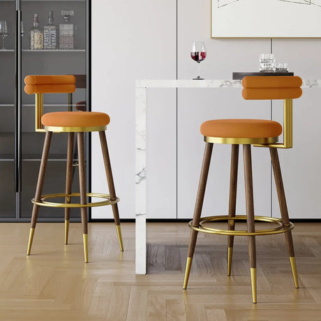 Orange Velvet Round Seat Bar Stool with Full Back Image - 1