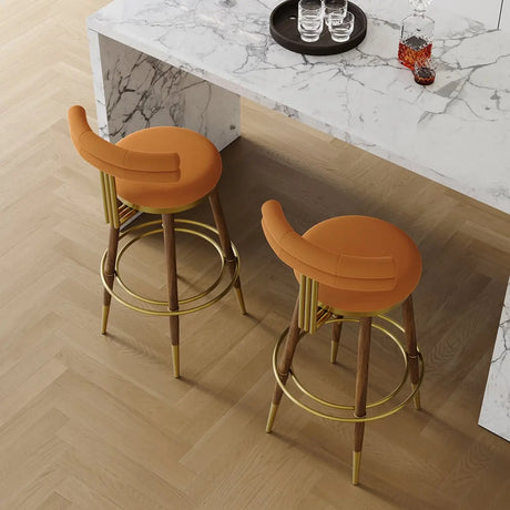 Orange Velvet Round Seat Bar Stool with Full Back Image - 2