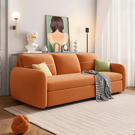 Orange Velvet Square Arm Pillow Back Sleeper Sofa Image - 1