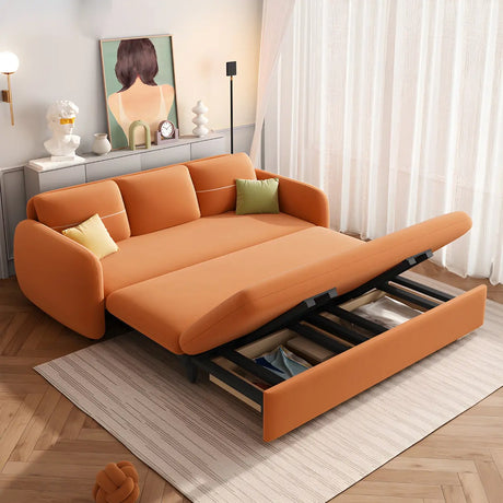 Orange Velvet Square Arm Pillow Back Sleeper Sofa Image - 2