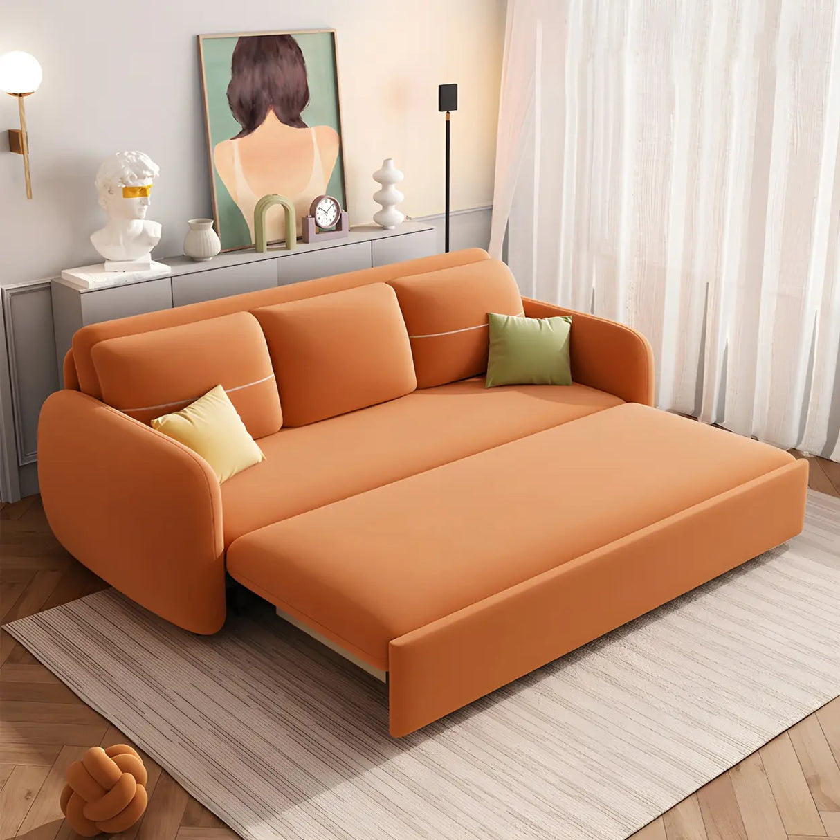 Orange Velvet Square Arm Pillow Back Sleeper Sofa Image - 4