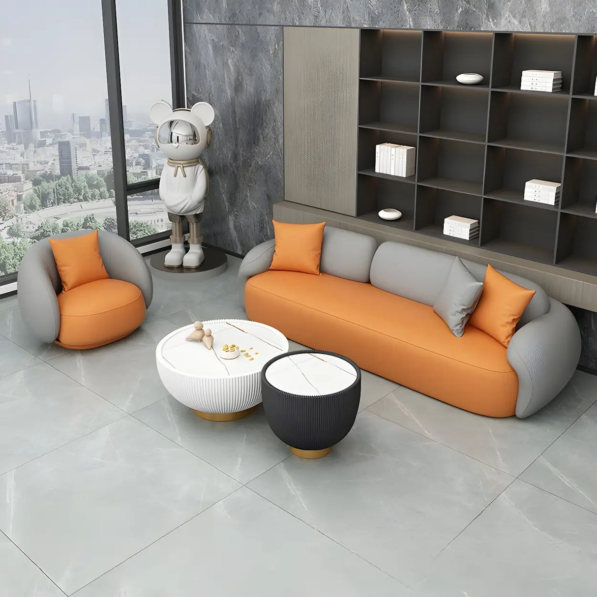Orange Waterproof Faux Leather Upholstered Back Sofa Image - 6