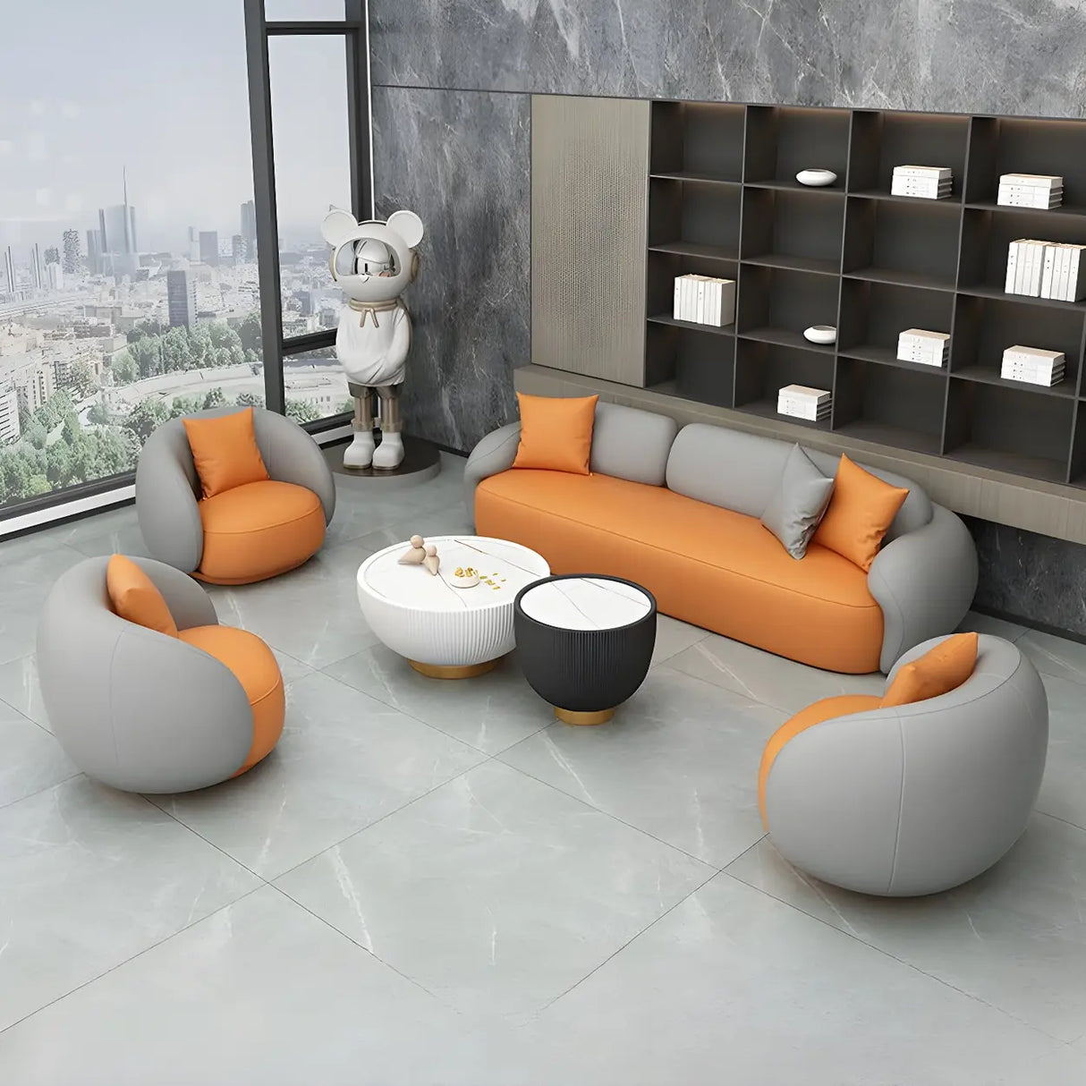 Orange Waterproof Faux Leather Upholstered Back Sofa Image - 7