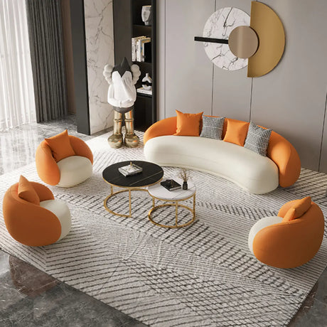Orange-White Leather Sloped Arms Tight Back Curved Sofa Image - 1