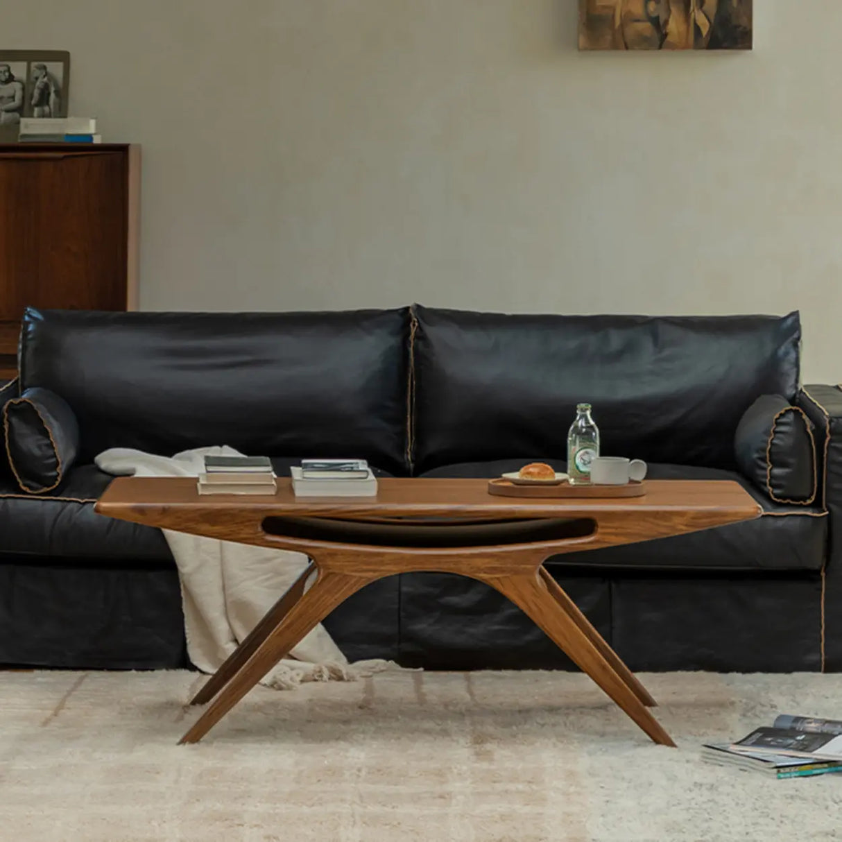 Organic Solid Teak Wood Rectangular Coffee Table with Shelf Image - 2