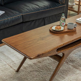 Organic Solid Teak Wood Rectangular Coffee Table with Shelf Image - 7