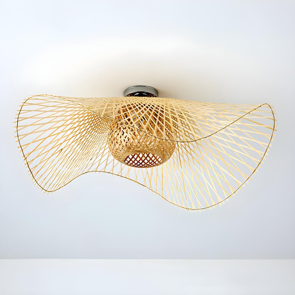 Oriental Brown Wave Weaving Rattan Flush Mount Light Image - 9