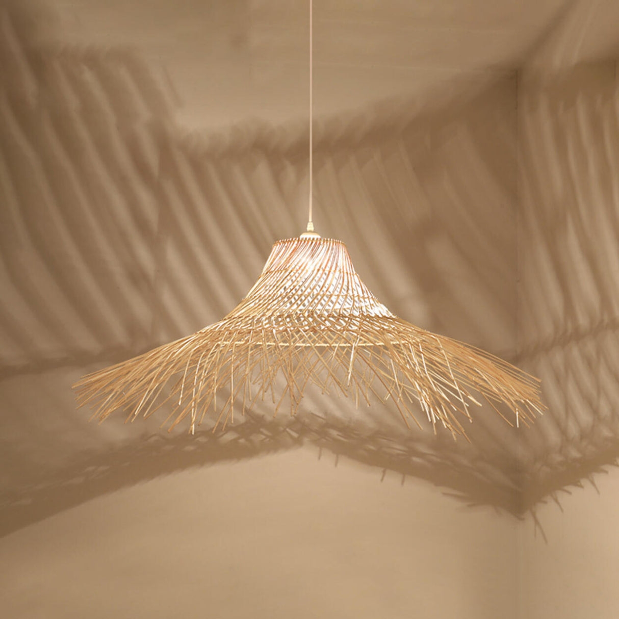 Oriental Cone Cane Rattan Beige Pendant Light Image - 10