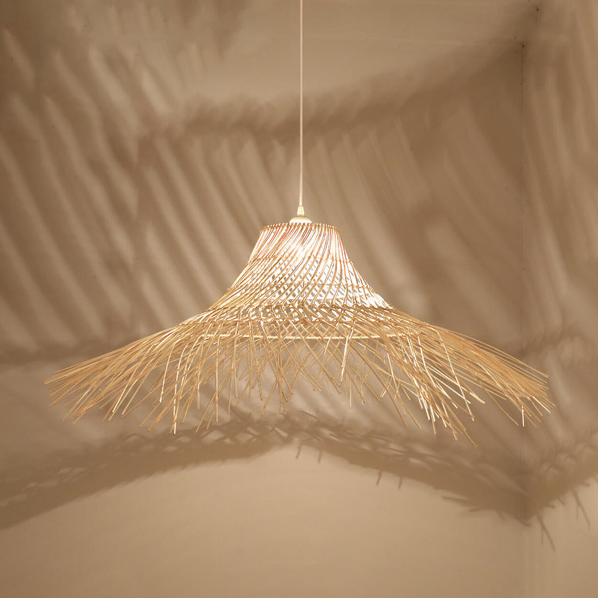 Oriental Cone Cane Rattan Beige Pendant Light Image - 11