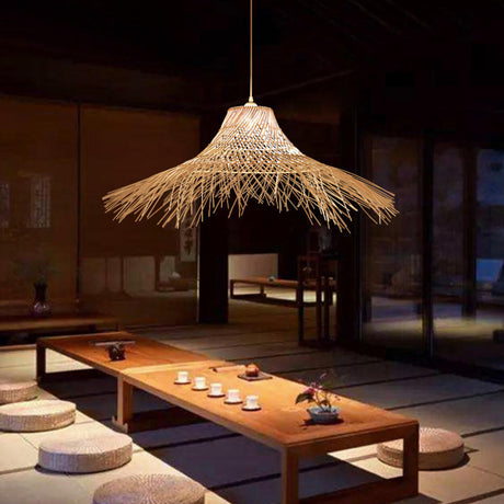 Oriental Cone Cane Rattan Beige Pendant Light Image - 2
