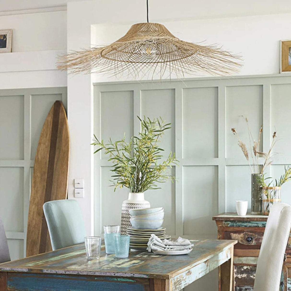 Oriental Cone Cane Rattan Beige Pendant Light Image - 3