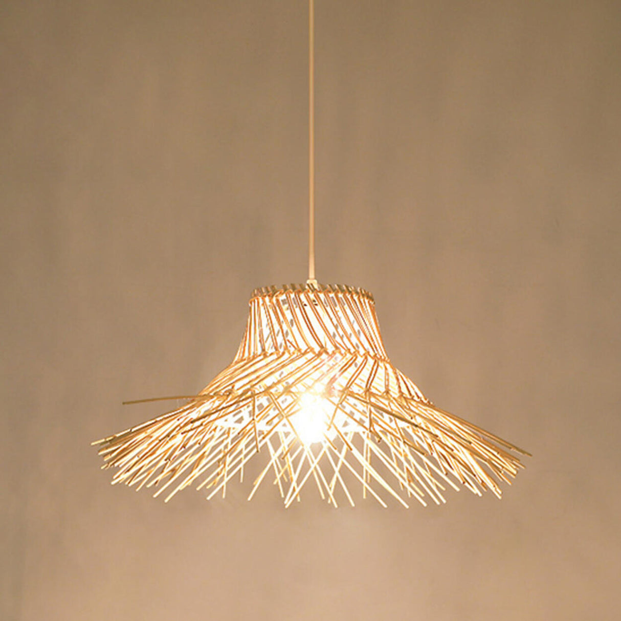 Oriental Cone Cane Rattan Beige Pendant Light Image - 7