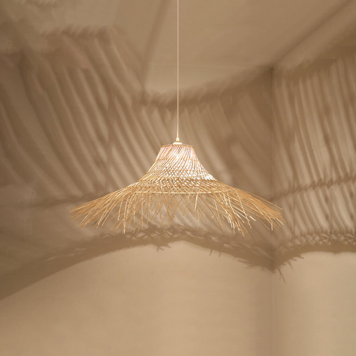 Oriental Cone Cane Rattan Beige Pendant Light Image - 8