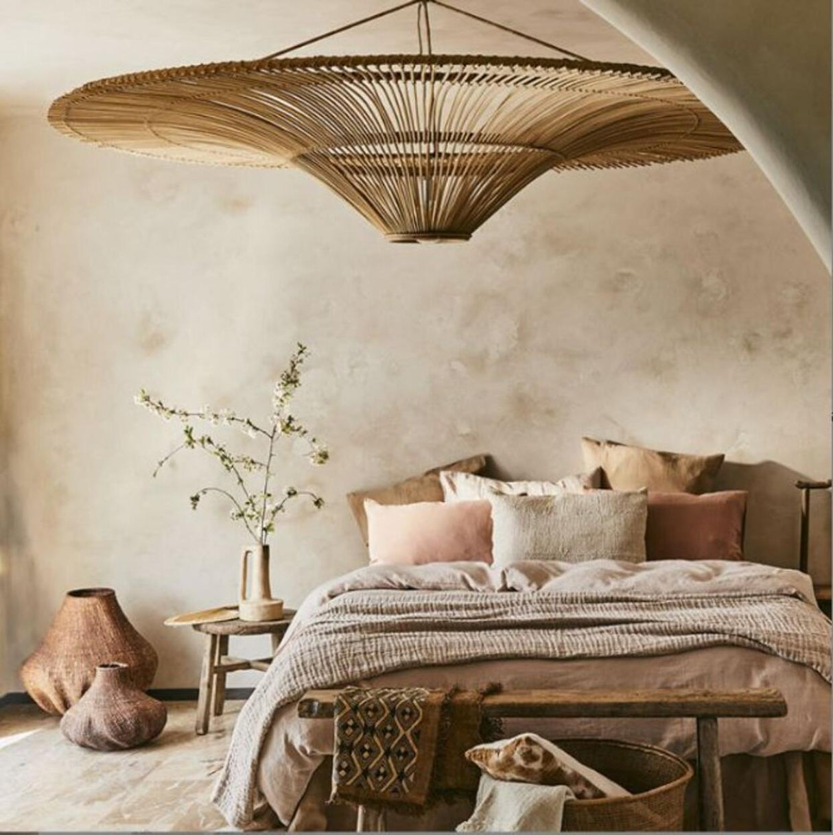 Oriental Cone Khaki Rattan Pendant Light Adjustable Cord Image - 3