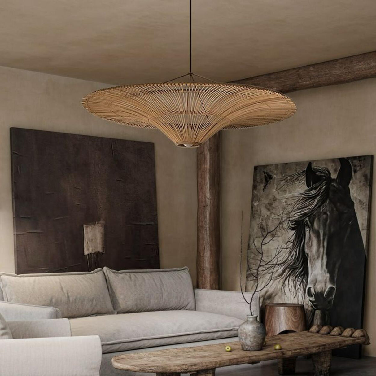 Oriental Cone Khaki Rattan Pendant Light Adjustable Cord Image - 4
