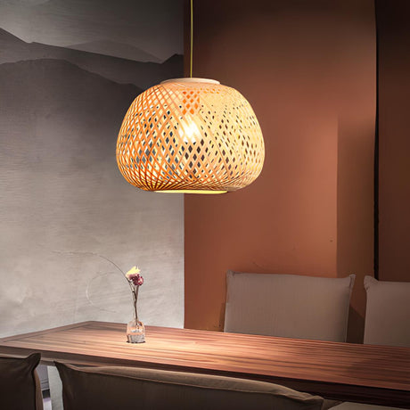  Oriental Hanging Round Natural Bamboo Pendant Light Image - 1