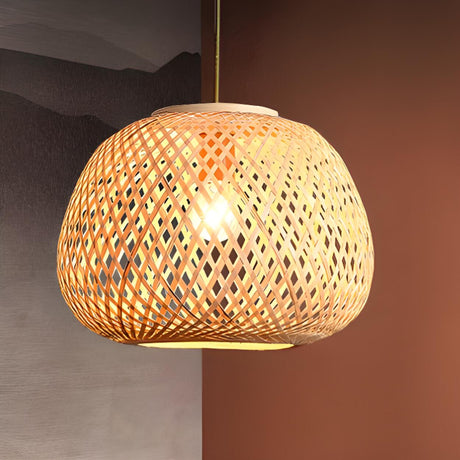  Oriental Hanging Round Natural Bamboo Pendant Light Image - 2