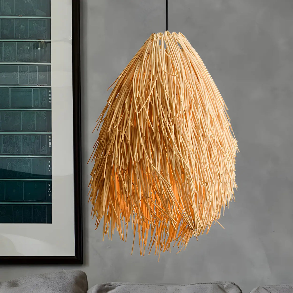 Oriental Mini Beige Rattan Unique-Shaped Pendant Light Image - 4