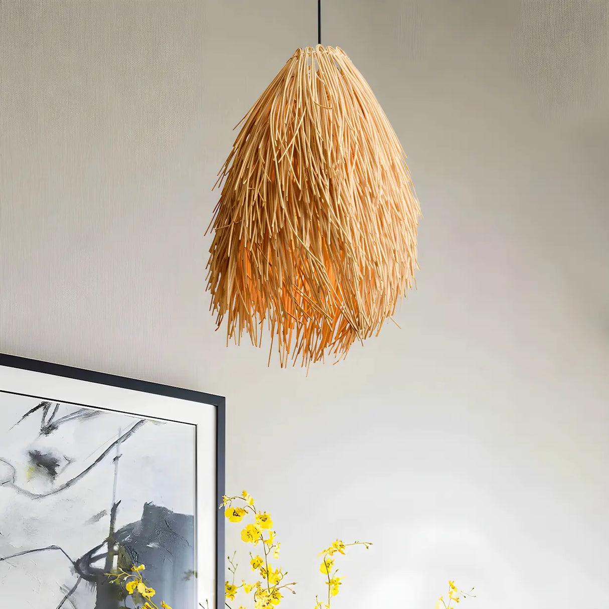 Oriental Mini Beige Rattan Unique-Shaped Pendant Light Image - 5