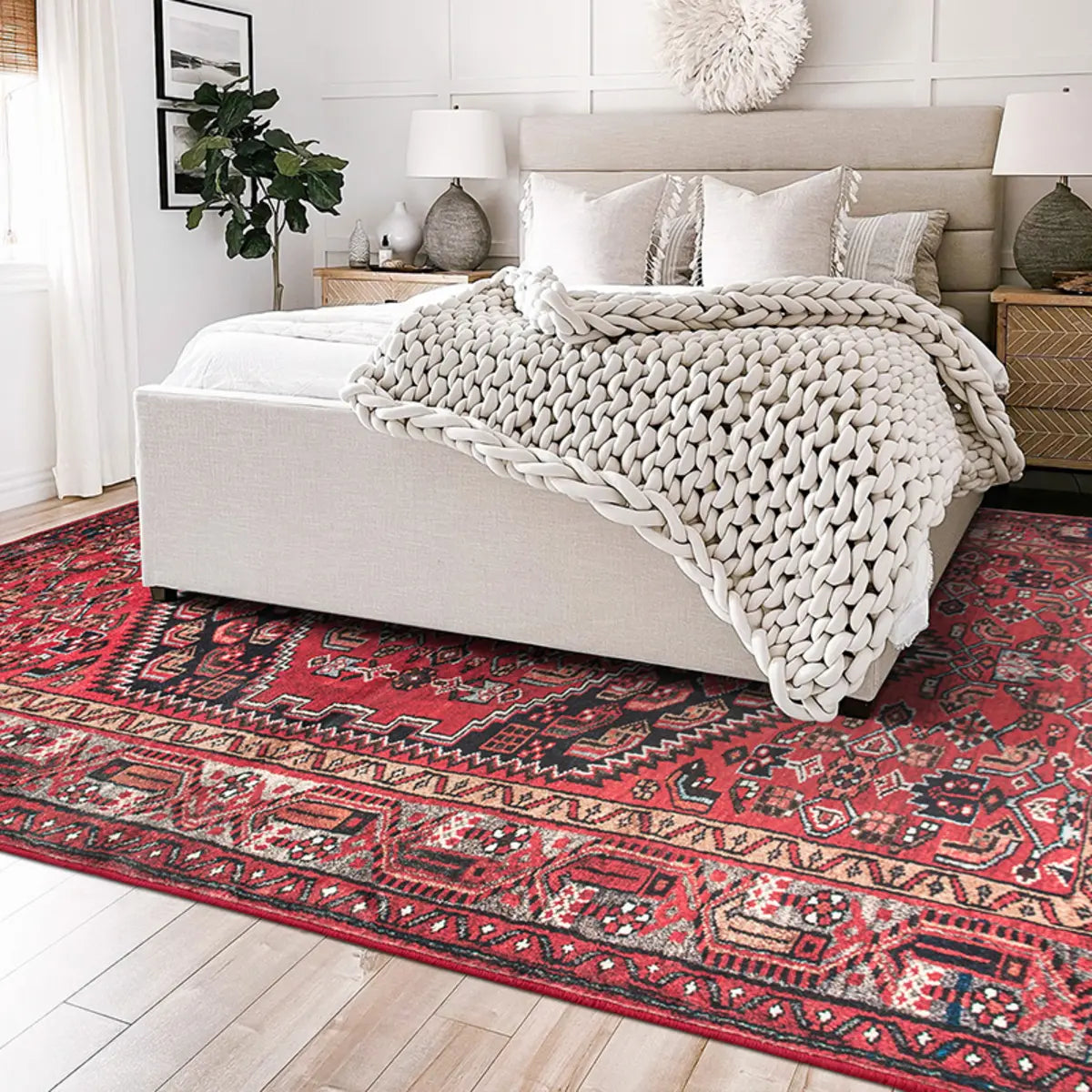 Oriental Red Rectangle Polyester Anti-slip Area Rug Image - 4