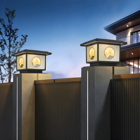 Oriental Square Black Metal Post Light Outdoor Lamp Image - 1