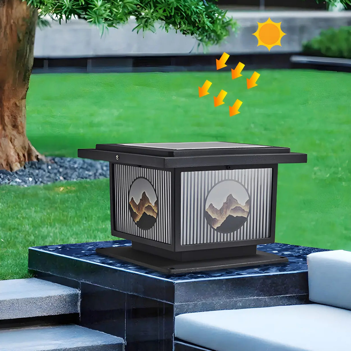 Oriental Square Black Metal Post Light Outdoor Lamp Image - 11