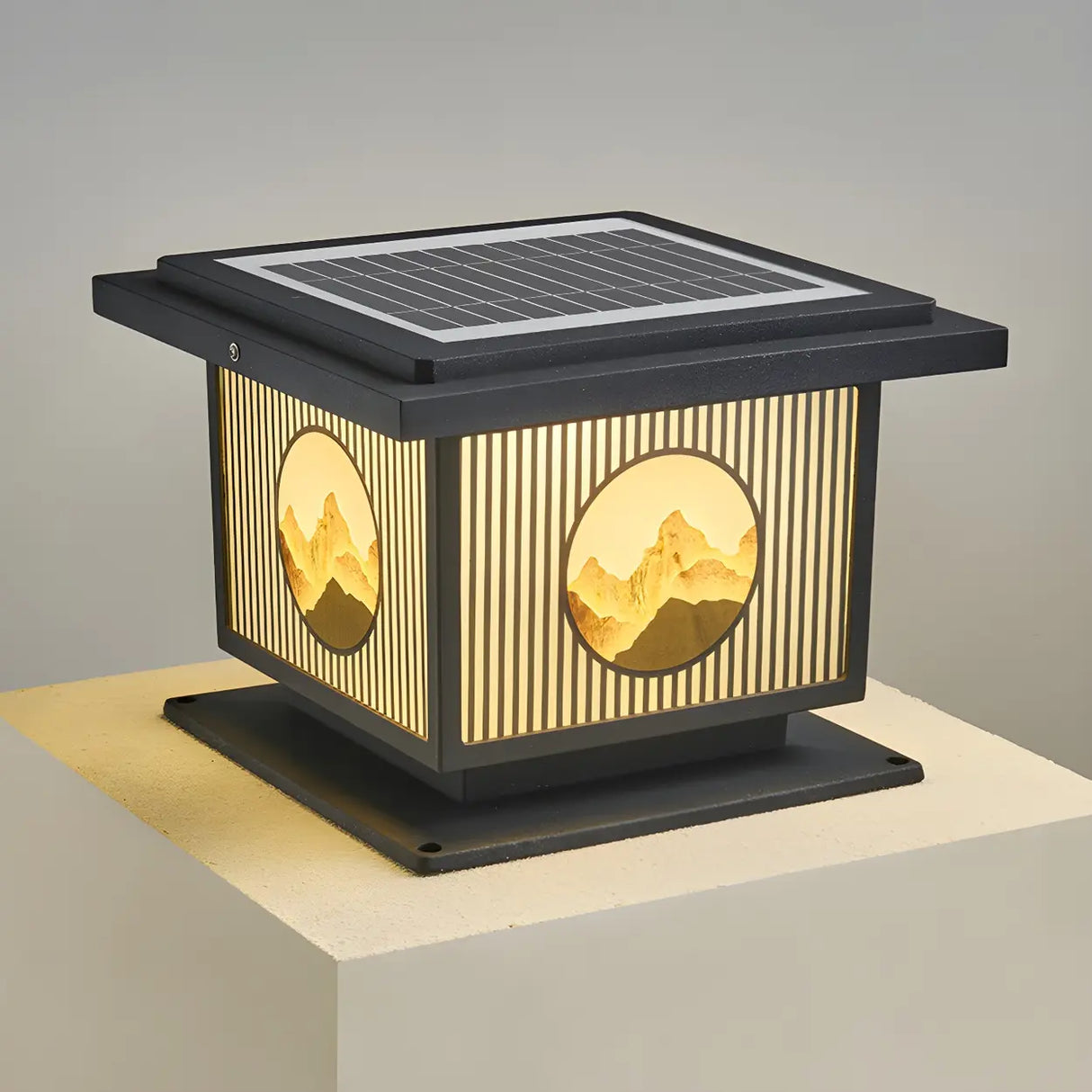 Oriental Square Black Metal Post Light Outdoor Lamp Image - 2